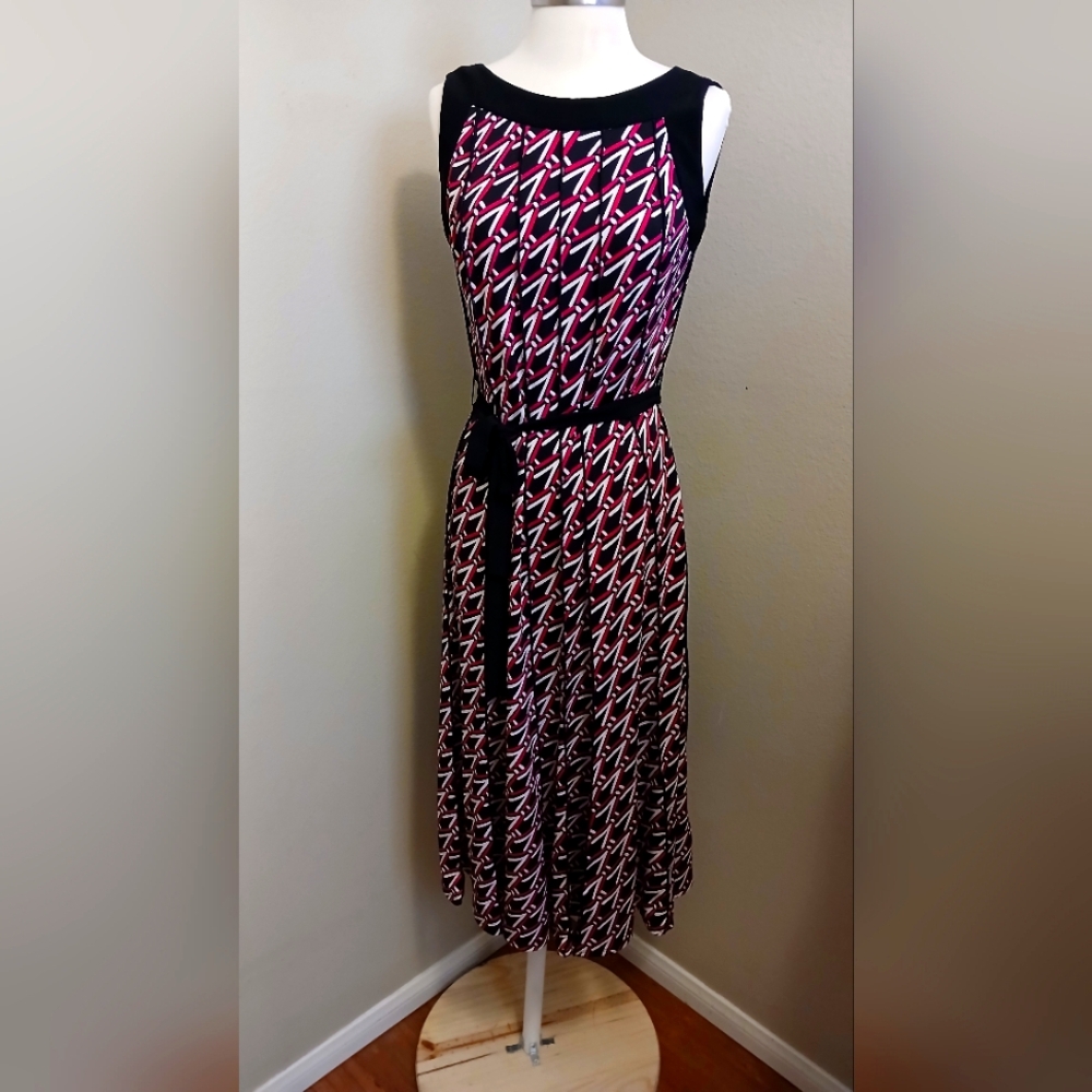 Perceptions Pink and Black A-Line Midi Dress Sleeveless Crew Neck